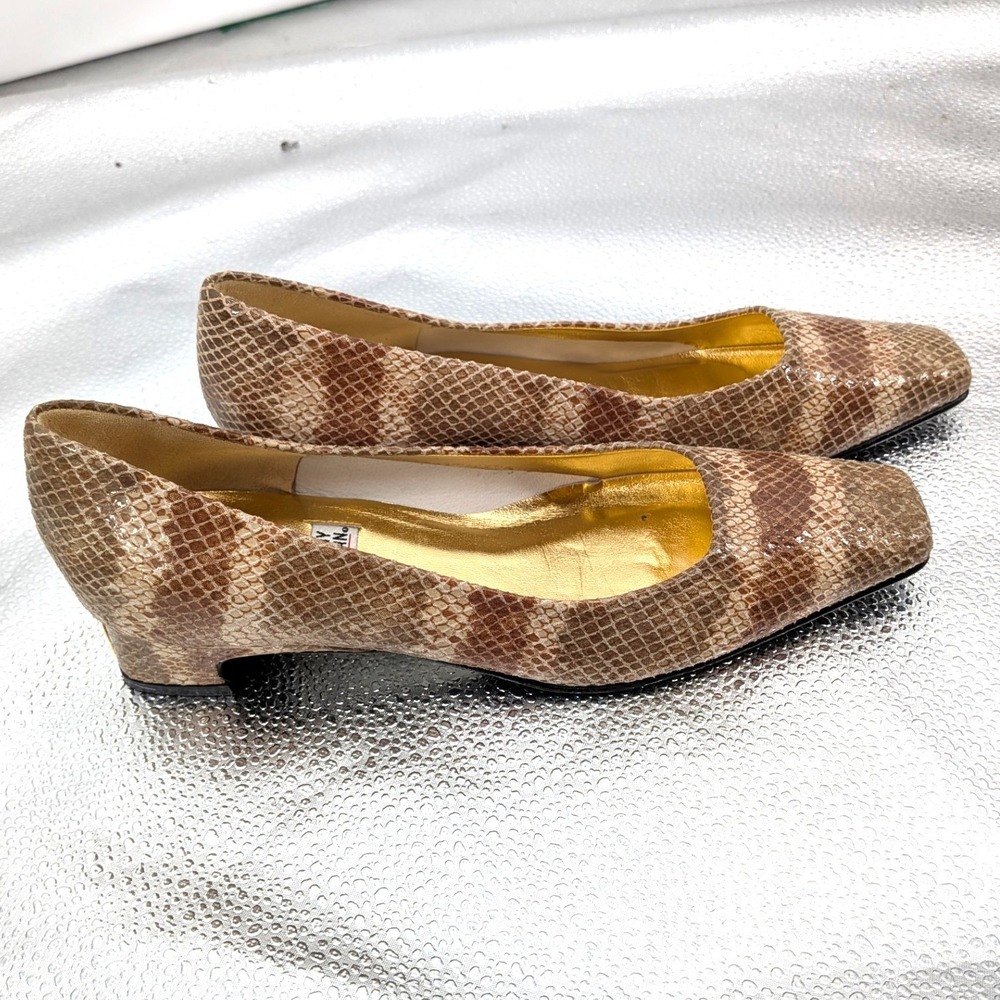 Timothy Hitsman Snakeskin Leather Pumps Taupe Camel Low Block Heel 6M Spain